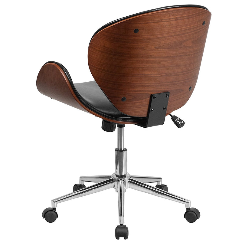 Mid-Back Walnut / Black Faux Leather Office Chair with Curved Bentwood Seat