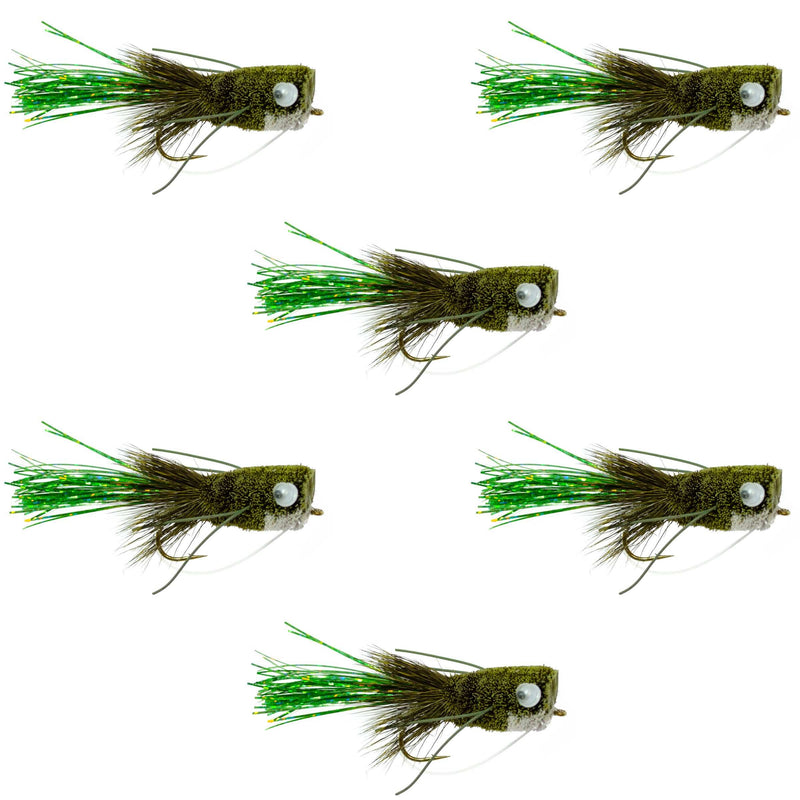 Flashtail Bass Popper 6 Flies Size 8 - Olive Bass Fly Fishing Bug Wide Gape Bass Hooks With Weed Guard