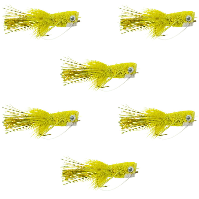 Flashtail Bass Popper  6 Flies Size 8 - Yellow Bass Fly Fishing Bug Wide Gape Bass Hooks With Weed Guard