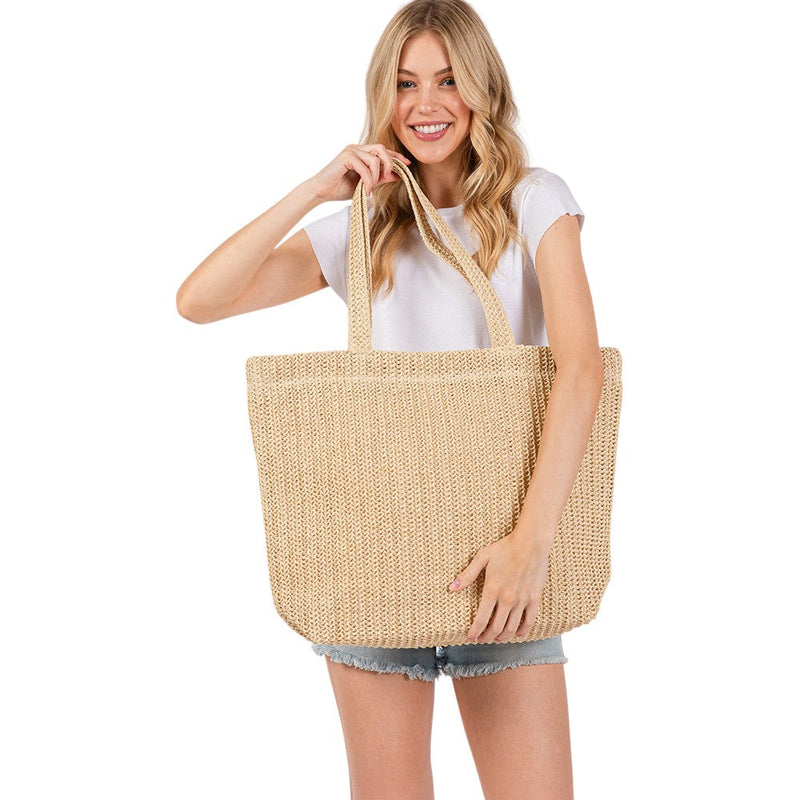 Solid Crochet Straw Tote Bag / Beach Bag
