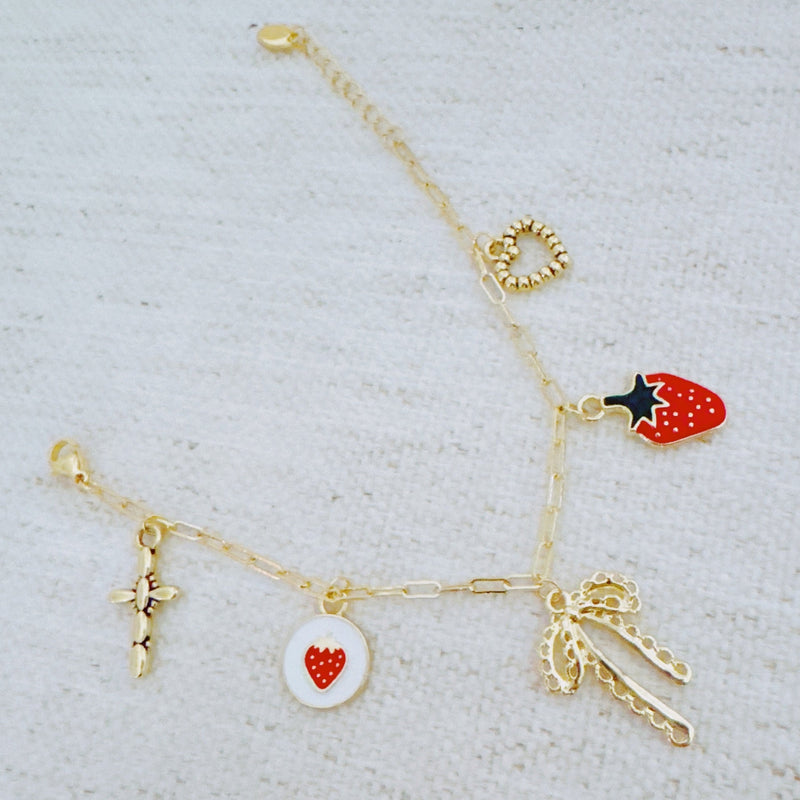 Berry Cute Charm Bracelet – Strawberry, Bow & Heart