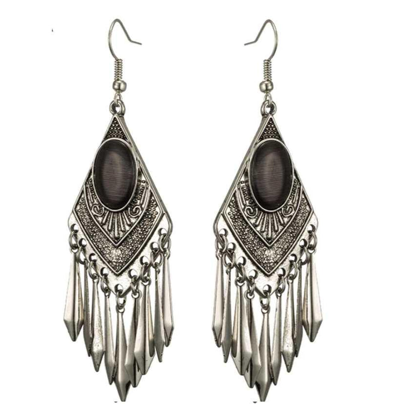 Black Cat's Eye Stone Boho Dangle Earrings