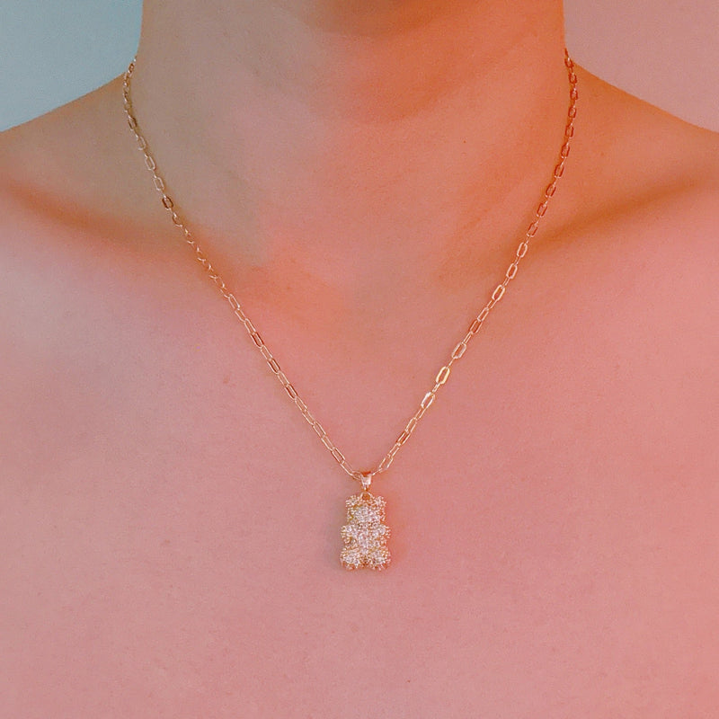 Bling Bear Pendant Necklace - Paved Teddy Bear Pendant