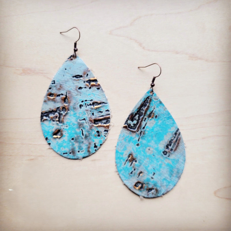 Leather Teardrop Earrings in Turquoise Metallic 222m