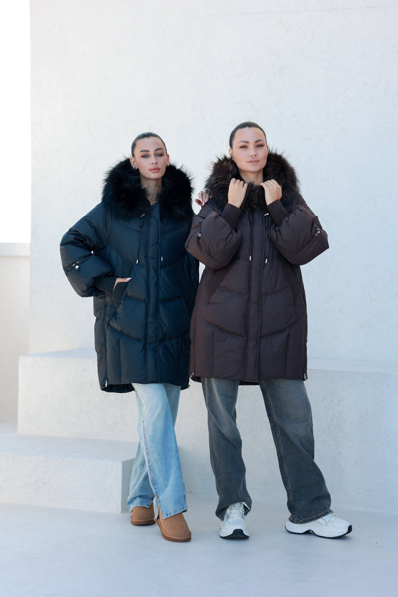 Celeste Genuine Fur Trim Down Fill Coat in Fig