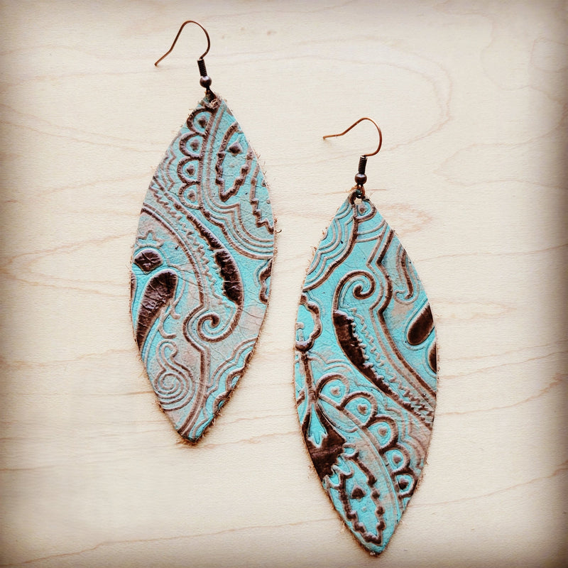 **Narrow Leather Oval Earrings-Napolis Turquoise & Brown 210c