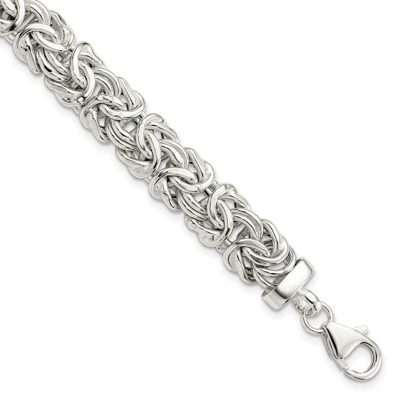 9.3mm Rhodium Sterling Silver Hollow Byzantine Chain Bracelet, 7 Inch