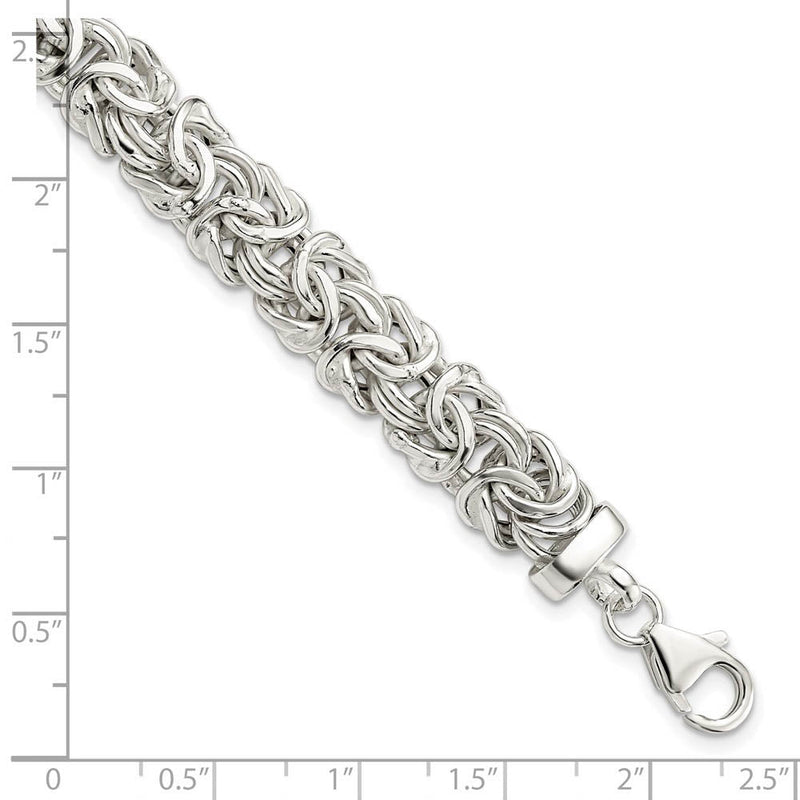 9.3mm Rhodium Sterling Silver Hollow Byzantine Chain Bracelet, 7 Inch