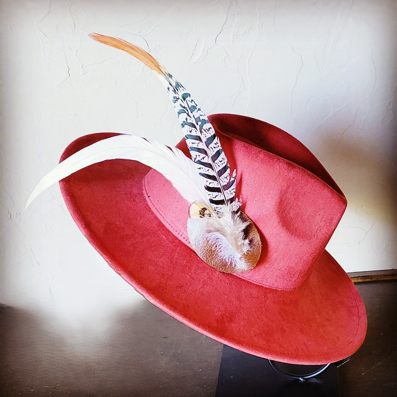 Boho Western Hat w/ Feather Tie Hat Band-Rust 982t