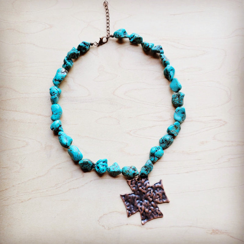 Chunky Blue Green Turquoise Collar Necklace w/ Cross Pendant 259u