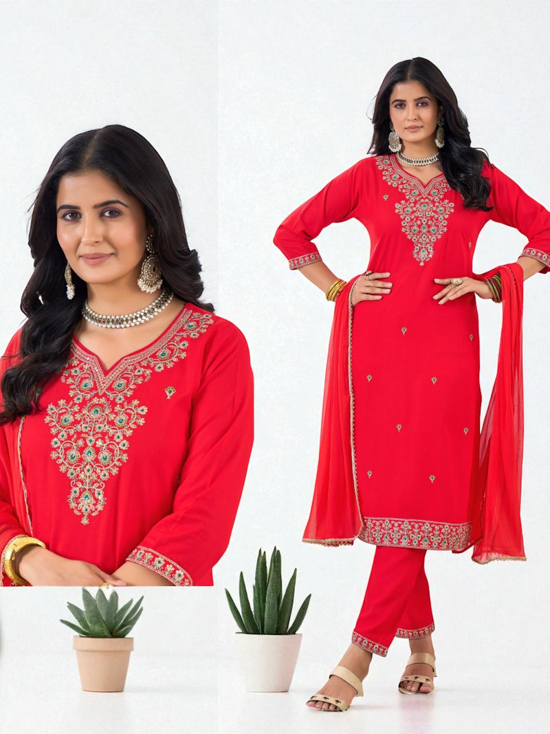 Rayon Kurti pant set with chiffon dupatta