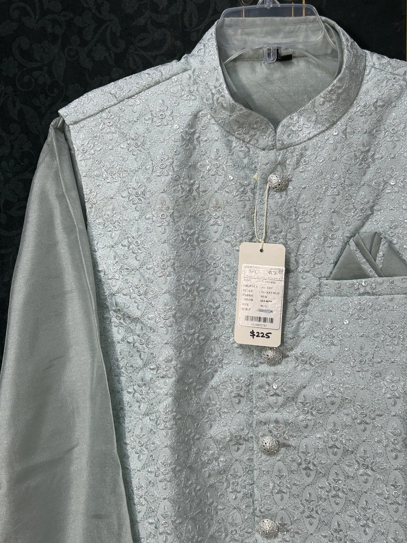 Light grey silk kurta set with jacket