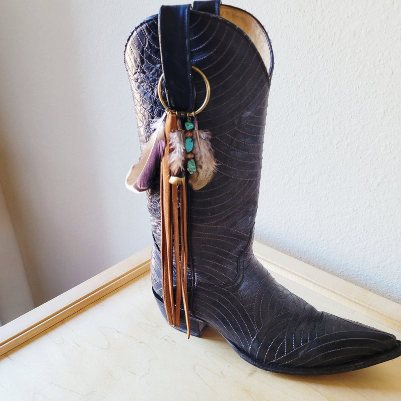 Boho Western Boot Bling Charm with Leather Fringe 500a