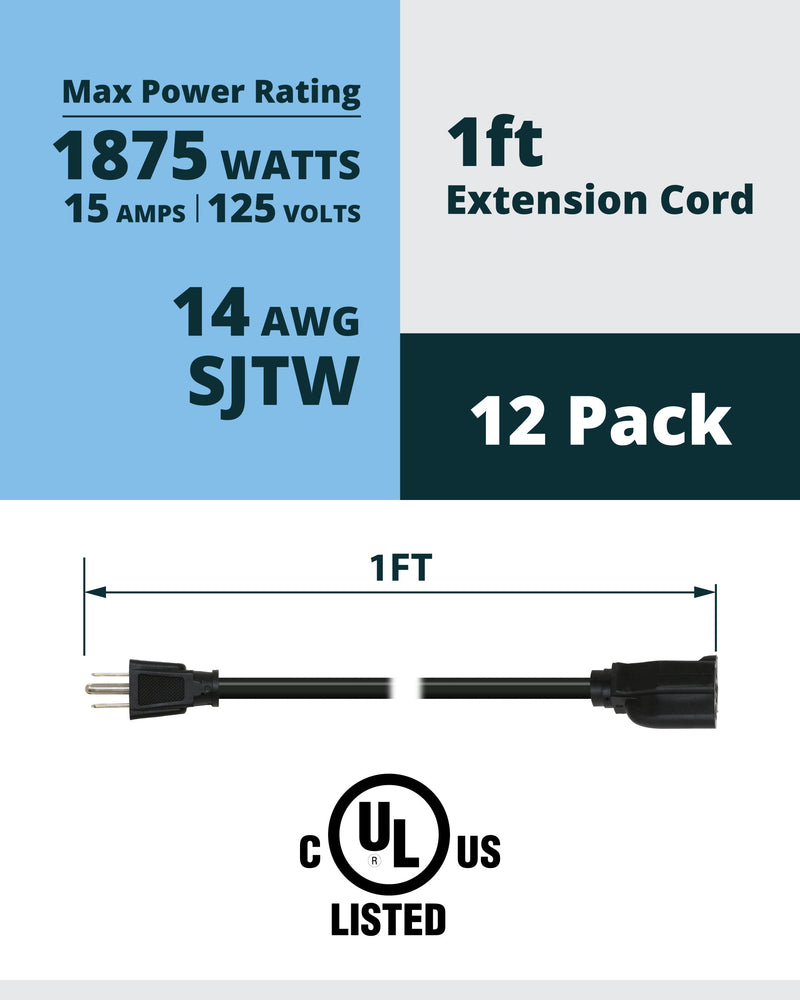 1ft Short Power Extension Cord – 14AWG, 12-Pack