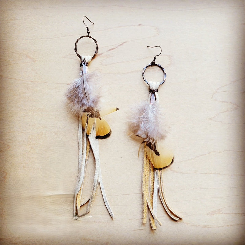 **Boho Bone Deer Skin Leather Tassel Earring-Yellow Feather 217e