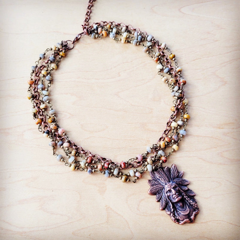 Natural Agate Beaded Collar Necklace w/ Indian Pendant 260v