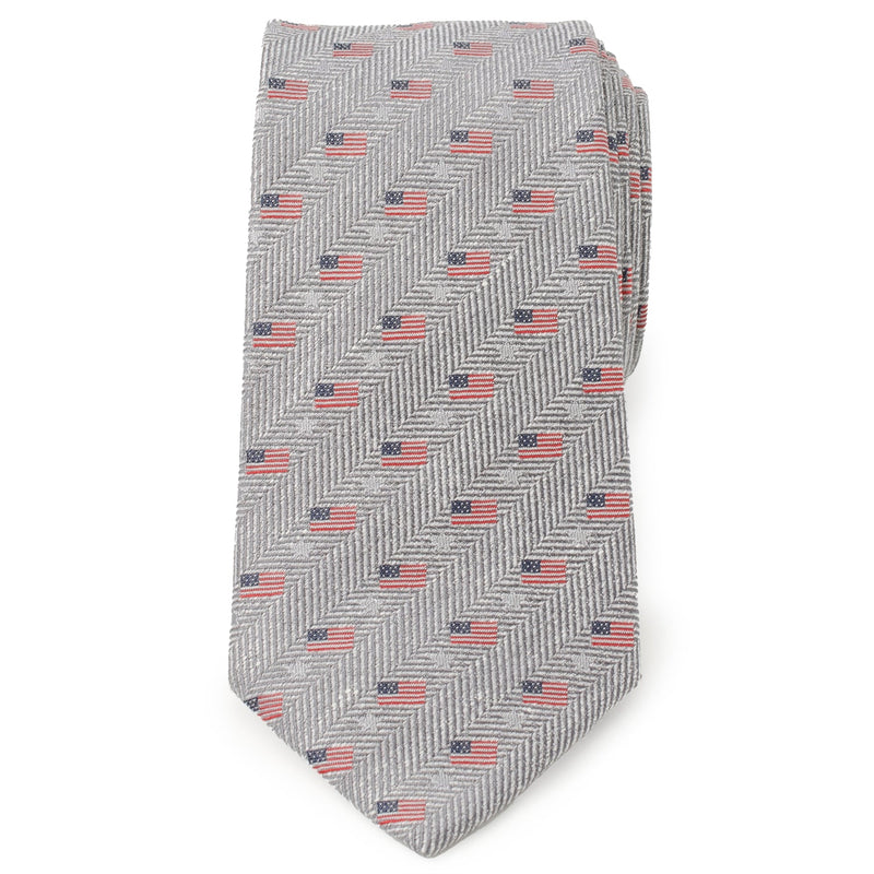 Light Gray Herringbone American Flag Men's Tie