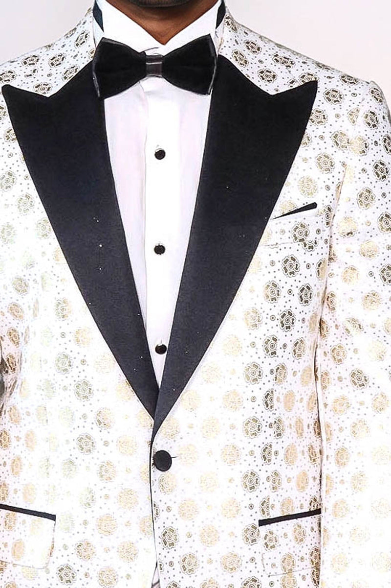 Floral Patterned Peak Lapel White Men Wedding Tuxedo Blazer - Wessi