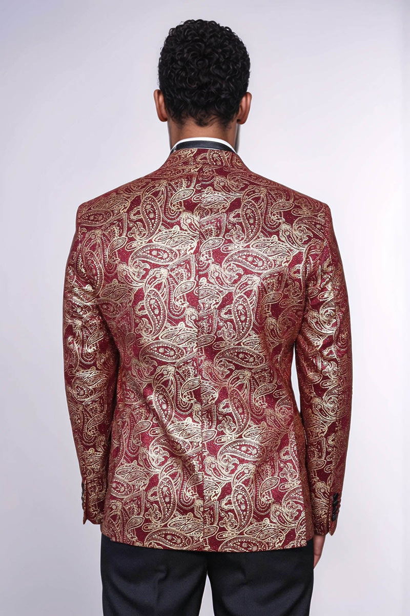 Paisley Peak Lapel Burgundy Men Singer Tuxedo Blazer - Wessi