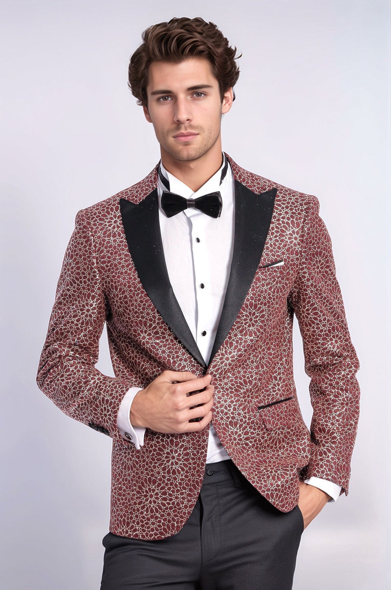 Flower Embroidered Pattern Burgundy Men Tuxedo Blazer - Wessi