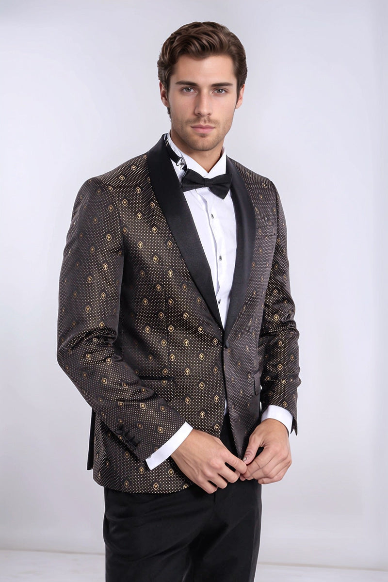 Shawl Lapel Gold Dot Patterned Over Black Men Tuxedo Blazer - Wessi