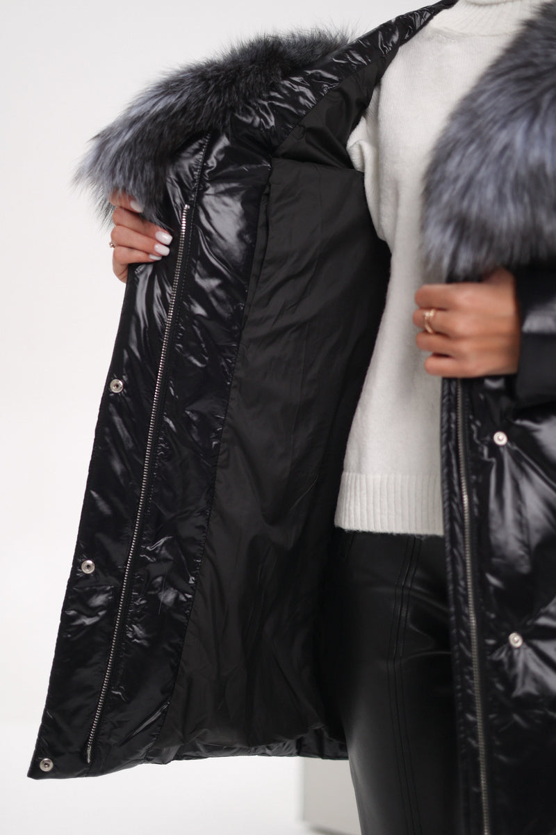 Genuine Silver Fox Fur Down Fill Coat