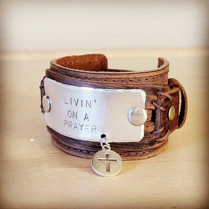 Livin' On A Prayer Hand Stamped Genuine Leather Cuff 013d