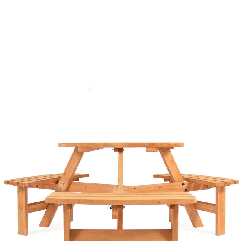 Outdoor Round Wood Picnic Table Bench Set with Umbrella Hole - Seats 6