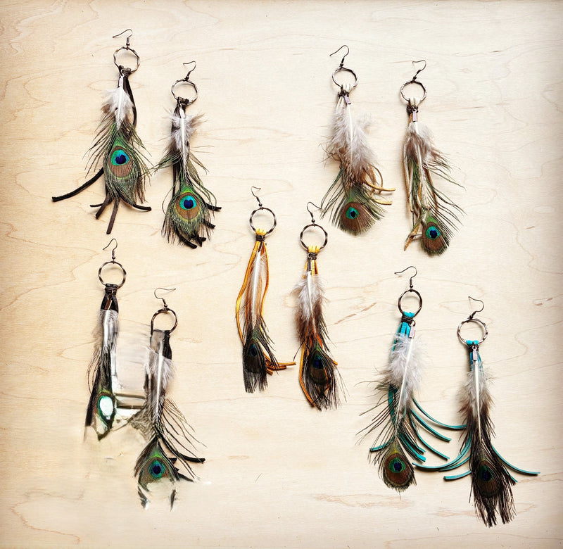 Bone Deer Skin Leather Tassel Earring Peacock Feather 219k