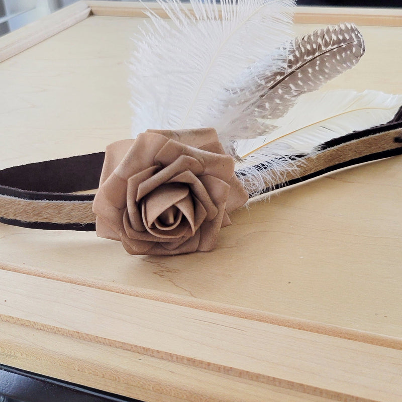 Leather Hat Band w/ Silk Flower & Feathers-Coffee (Band Only) 952y