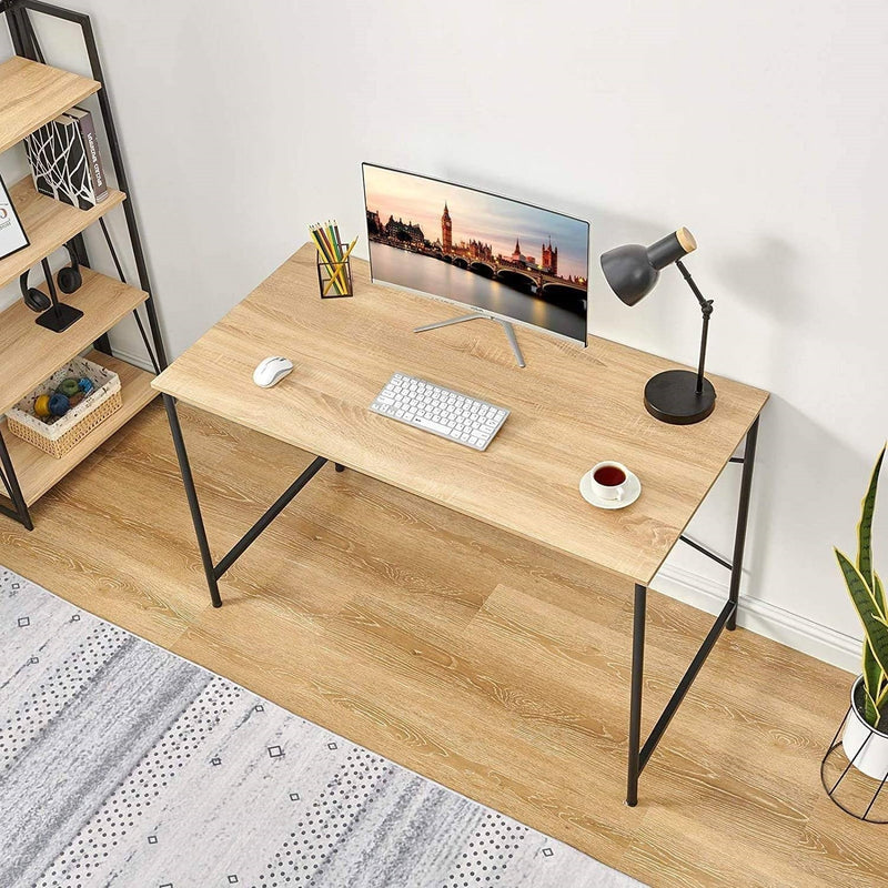 Modern Home Office Computer Desk Table with Black Metal Frame Wood Top in Oak