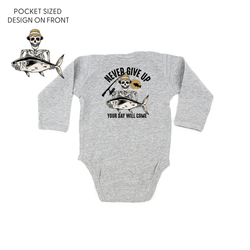 Fishing Skelly - Never Give Up (pf&b) - Child Long Sleeve Tee