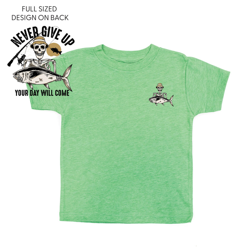 Fishing Skelly - Never Give Up (pf&b) - Child Tee