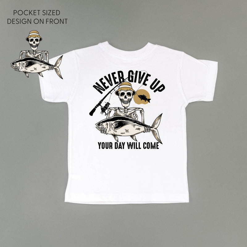 Fishing Skelly - Never Give Up (pf&b) - Child Tee