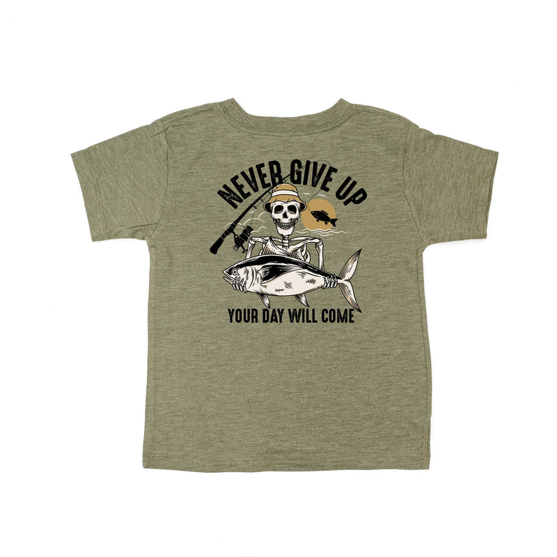 Fishing Skelly - Never Give Up (pf&b) - Child Tee
