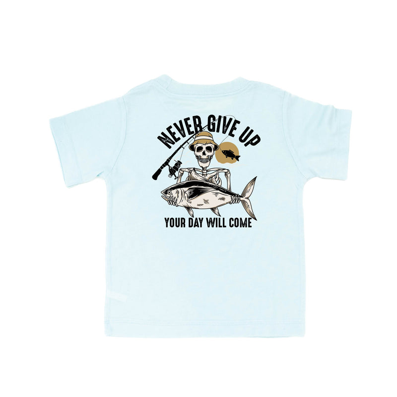 Fishing Skelly - Never Give Up (pf&b) - Child Tee