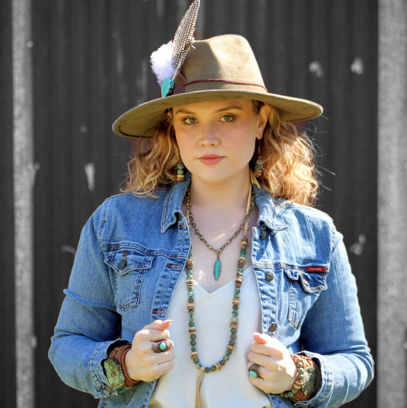 Frosted African Turquoise Necklace Wood Beads Leather Tassel 257z