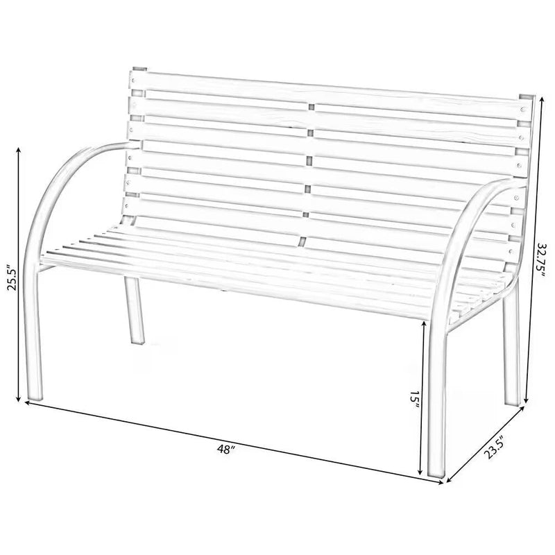 Outdoor Black Metal Frame Garden Bench with Wood Slats and Curved Armrests