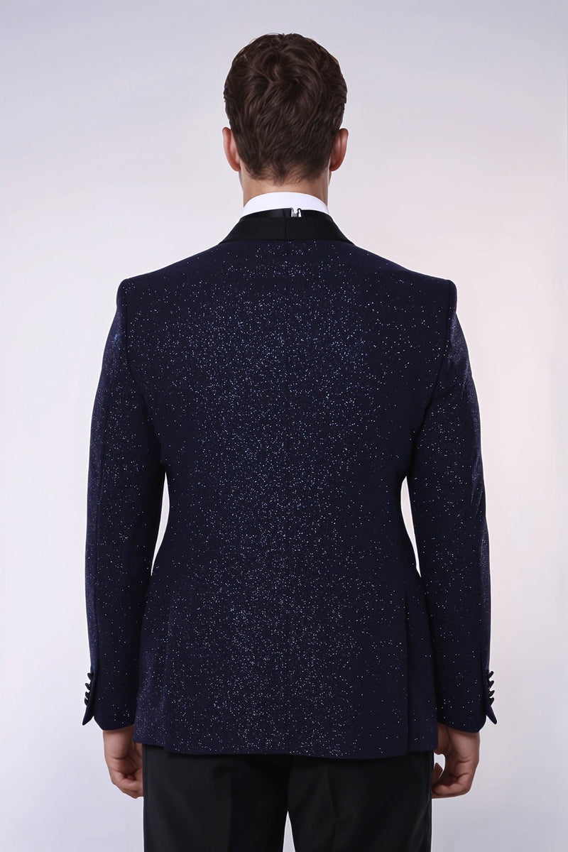 Shawl Lapel Navy Blue Men Sparkly Blazer - Wessi
