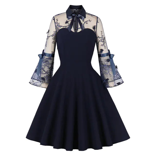 Elegant 1950s Embroidered Mesh Retro Party Dress