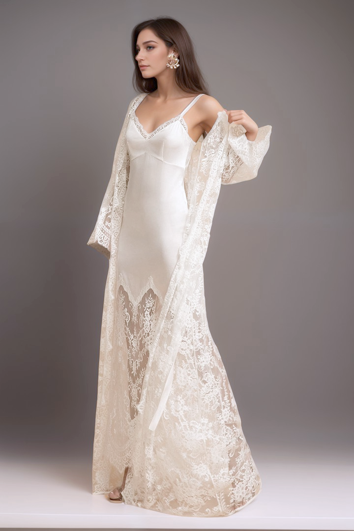 Chantilly Lace Long Robe with Silky Satin Lace Nightgown - next day shipping