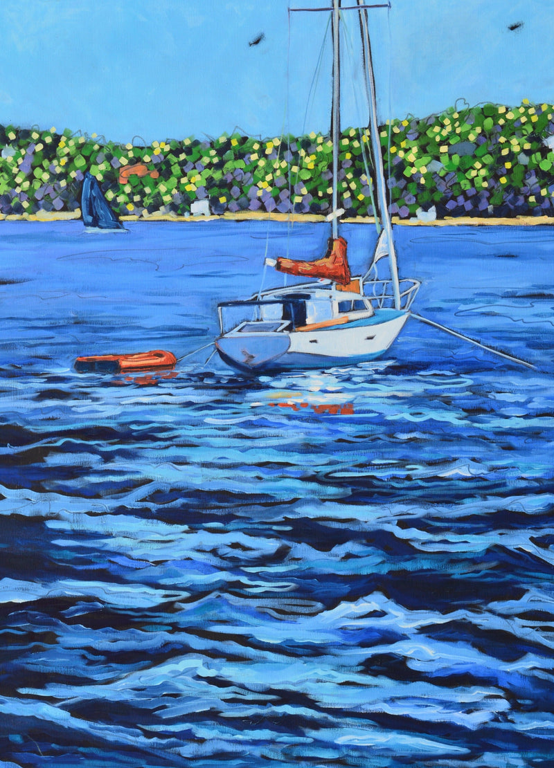 "Anchored" Sailboat Lake Print on Paper, Wood Panel - Wall Art Home Decor