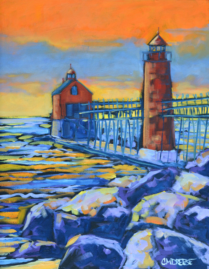 "Grand Haven Lighthouse: Burning Sky, Quiet Shore" Original Oil Painting on Canvas, Artist Christi Dreese