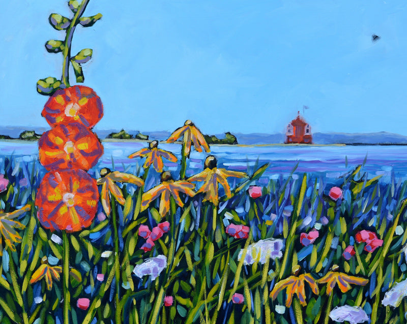 "Hollyhock Views on Mackinac Island" Flower Print on Paper, Wood Panel - Wall Art Home Decor