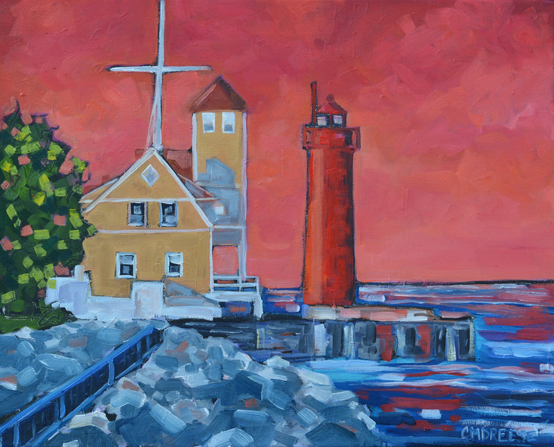 "Muskegon Lighthouse" Sunset Lighthouse Glass Art Print