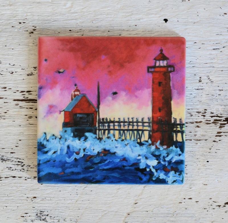 Coaster/ Trivet/ Magnet: Pink Sky at Night Grand Haven Lighthouse