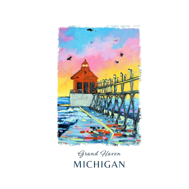 Dish Towel - "Grand Haven Sunset Lighthouse"