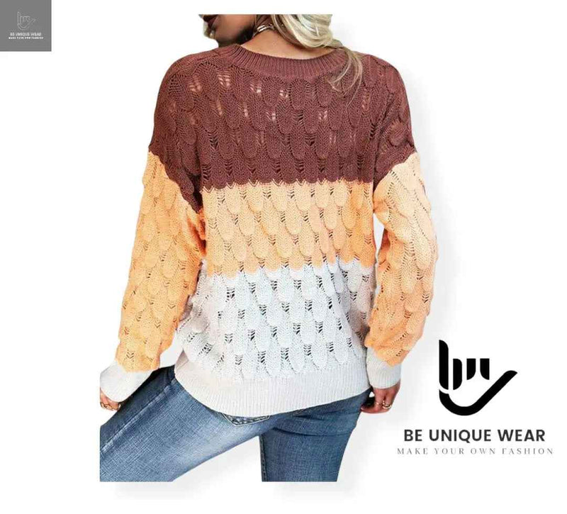 Color Block V _Neck Hollow_Out Sweater