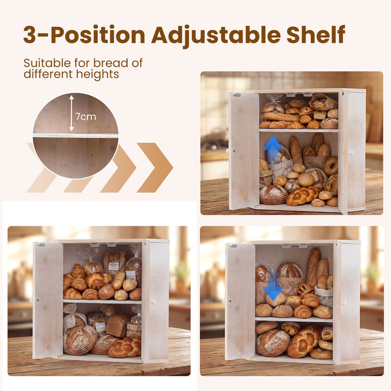 Corner Bread Box for Kitchen Counter Bamboo Double Layer Breadbox Organizer-White