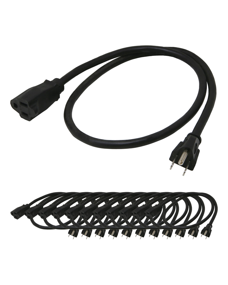 3ft Short Power Extension Cord – 14AWG, 12-Pack